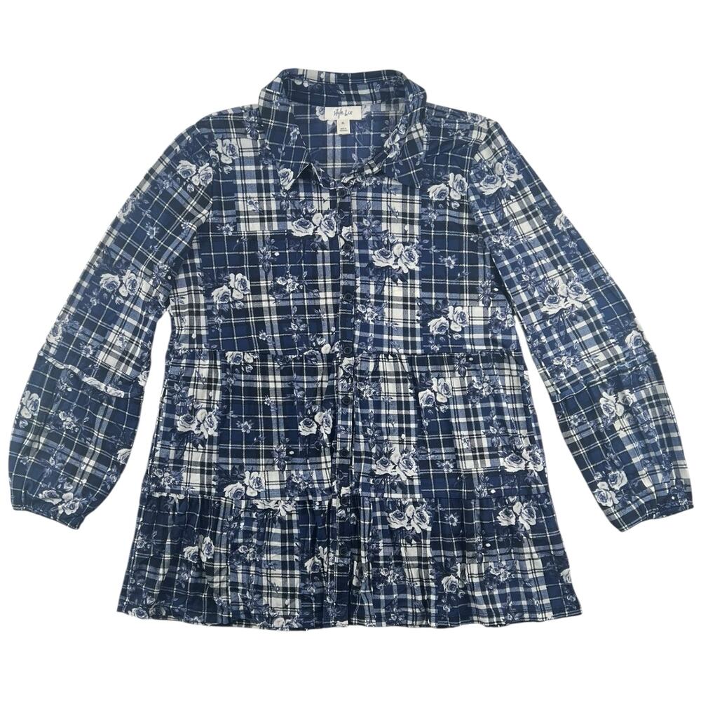 Style&Co Blue Floral Plaid Tiered Button Down Tunic 3/4 Sleeve Boho - L Petite